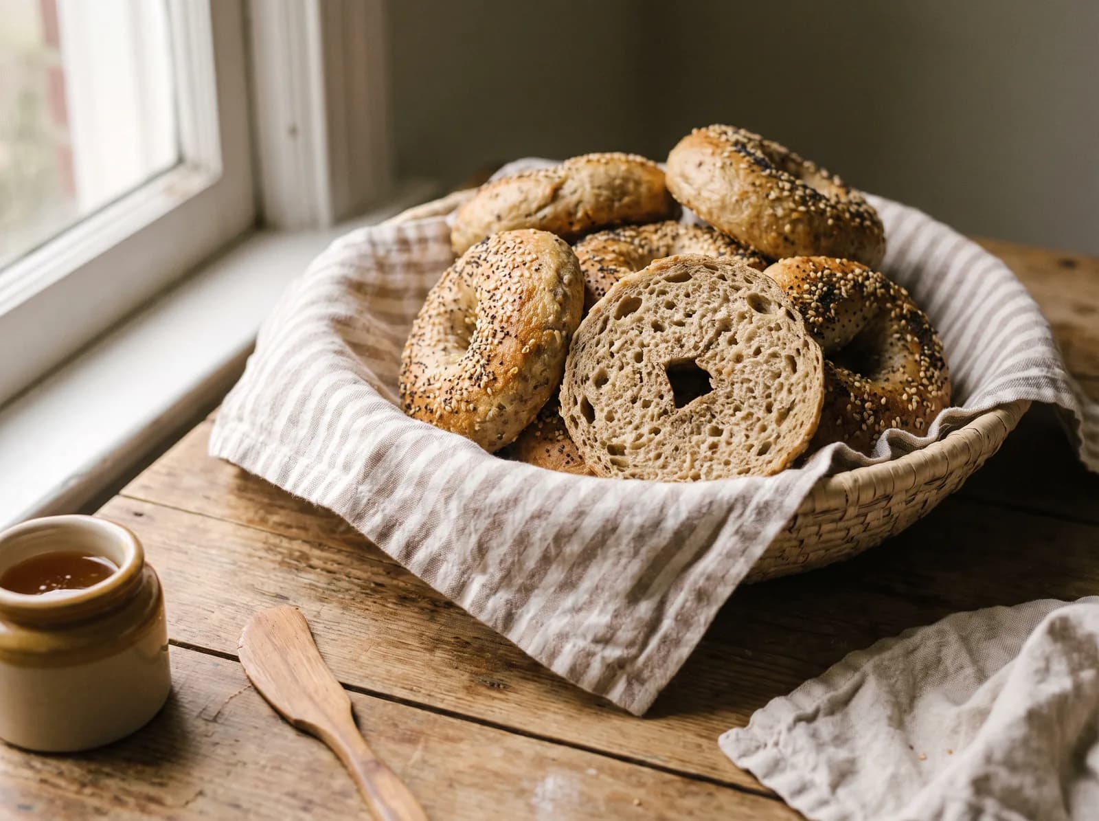 Hand rolled sesame and poppy bagels in a linen lined basket