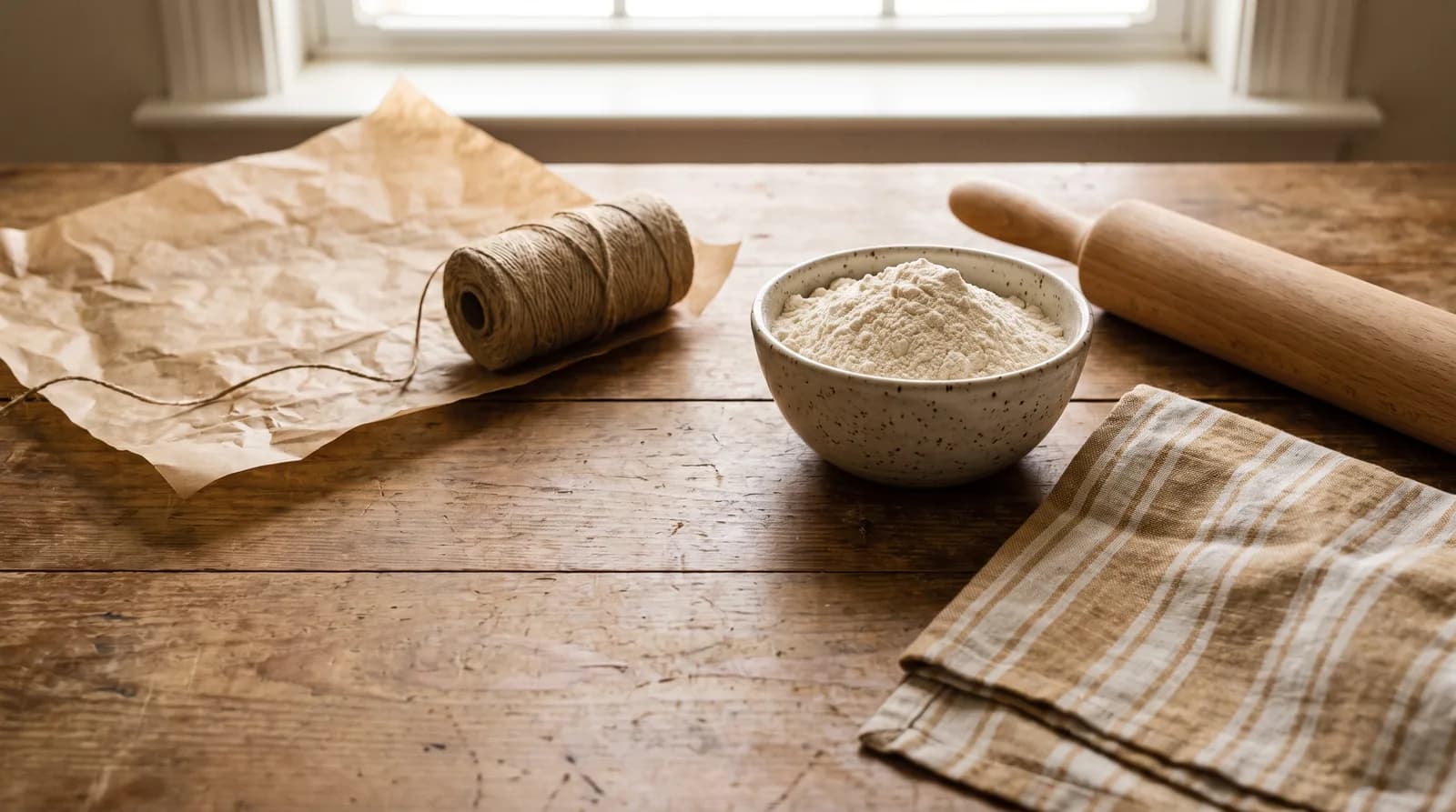 Parchment, a spool of twine, a bowl of flour and a rolling pin on a scarred wooden table