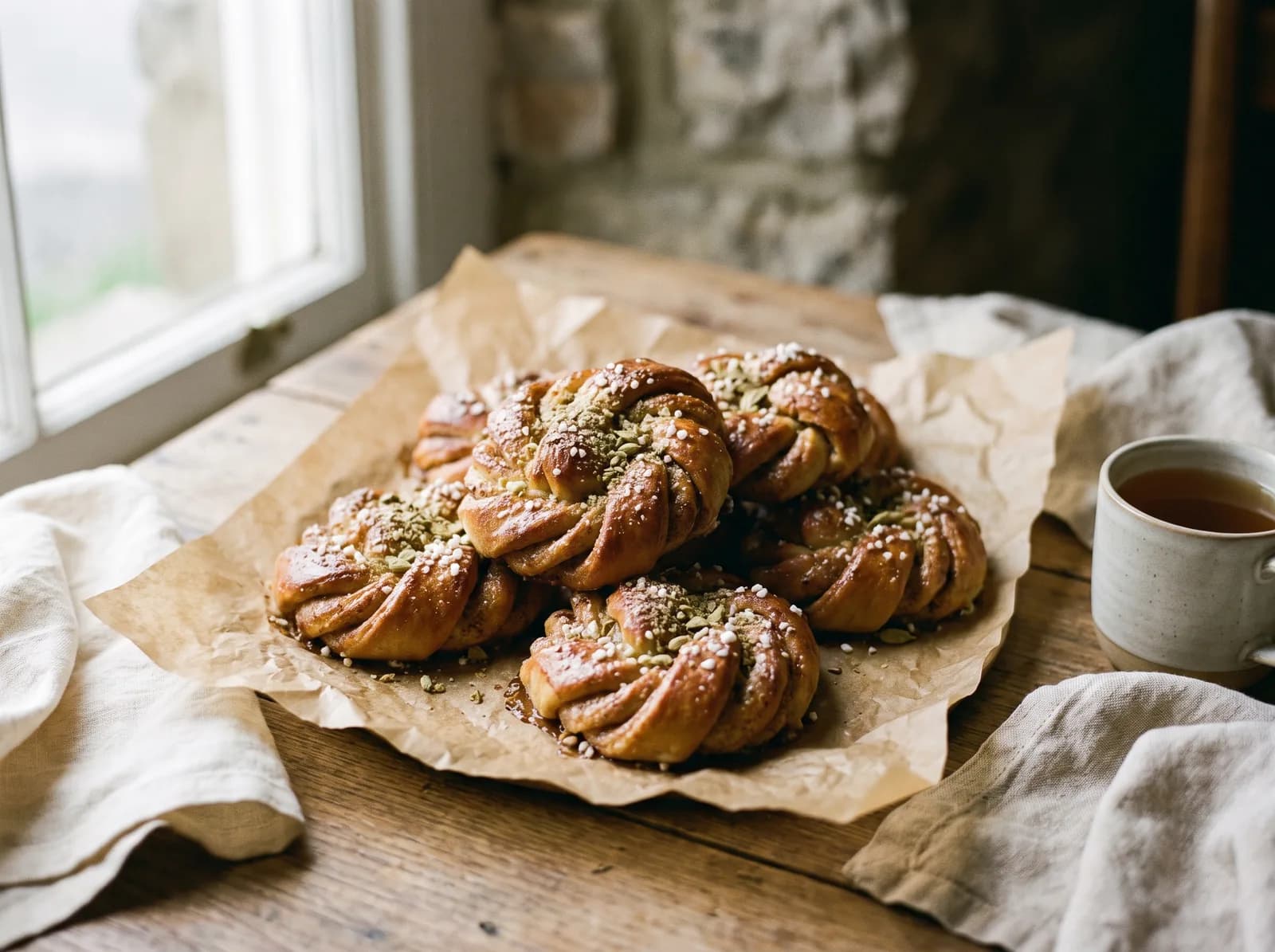 Knotted cardamom buns with pearl sugar on parchment