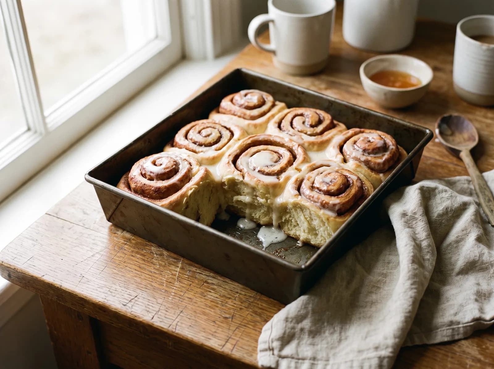 A pan of cinnamon rolls with icing melting into the swirls