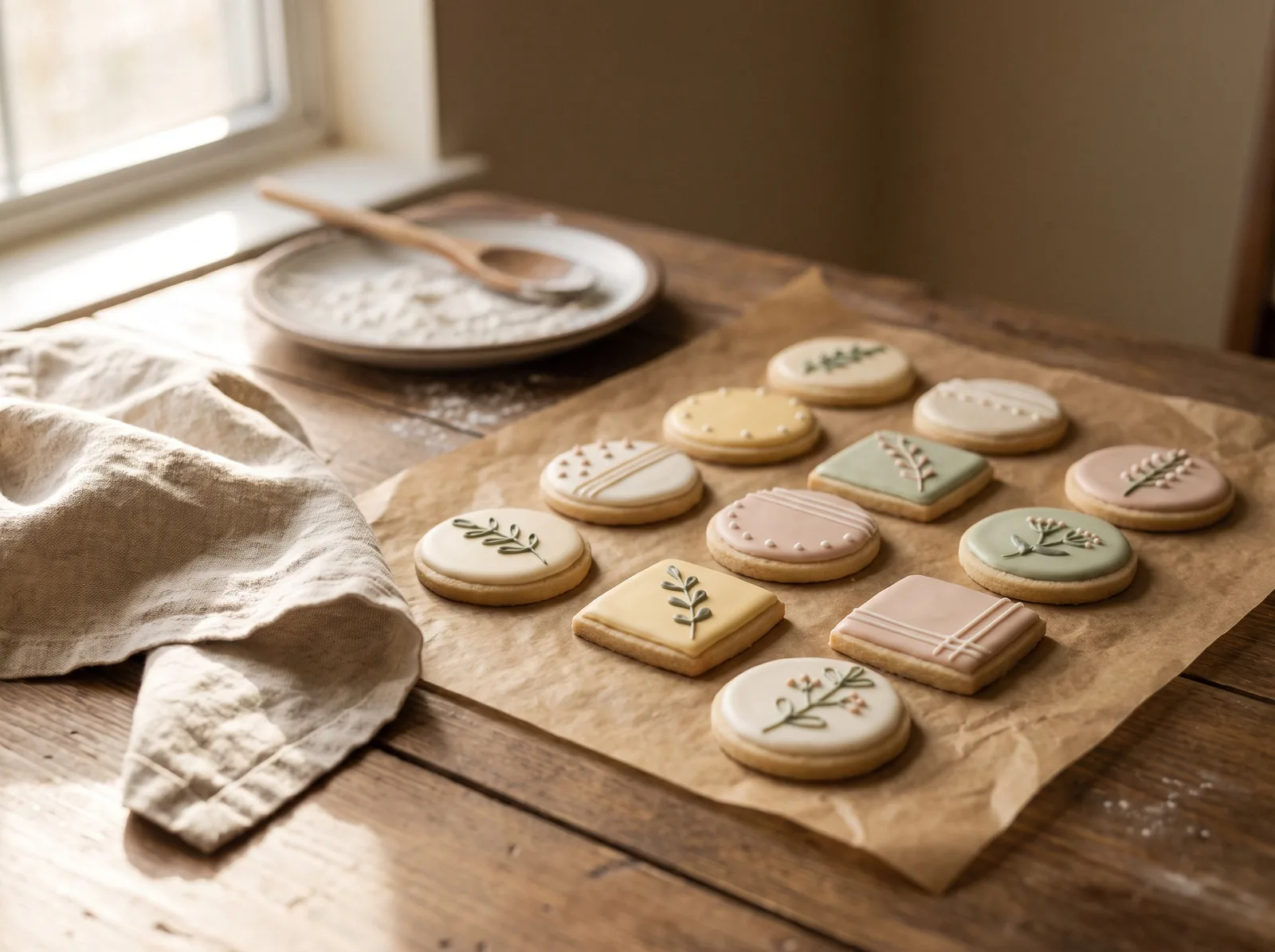 Decorated sugar cookies in soft muted royal icing patterns