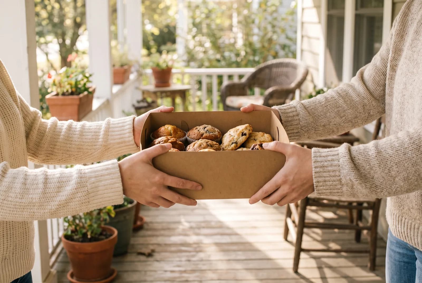 Two pairs of hands passing a box of baked goods on a sunlit porch