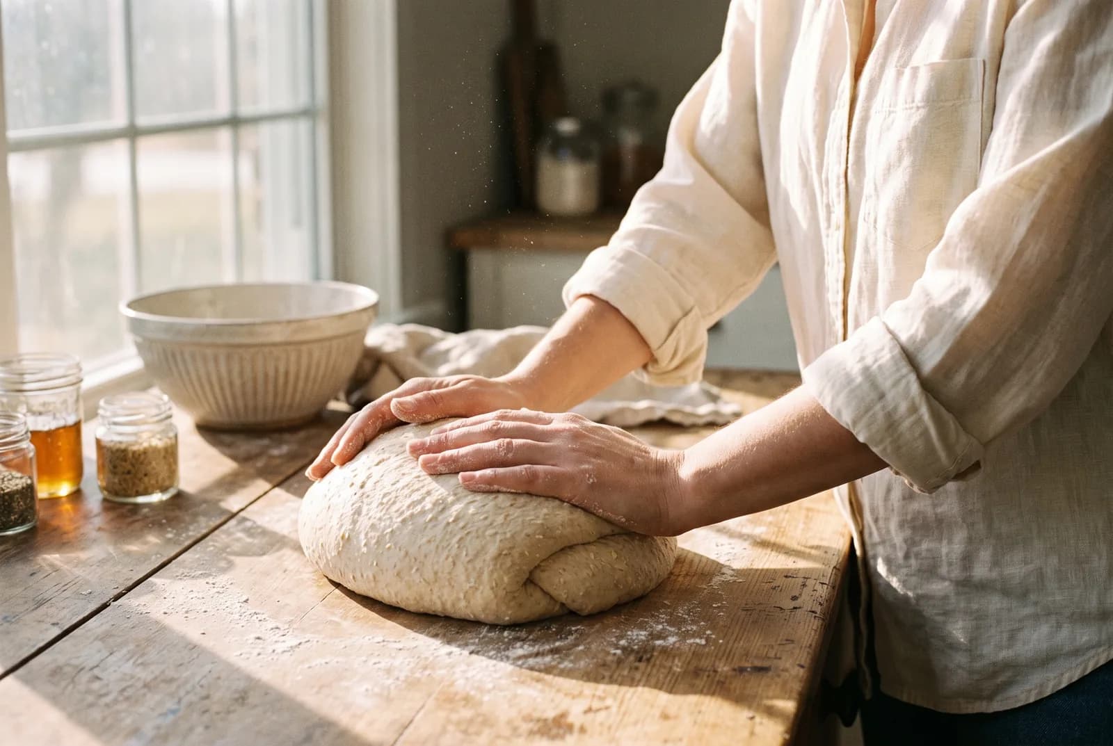 Flour dusted hands kneading bread dough on a wooden counter