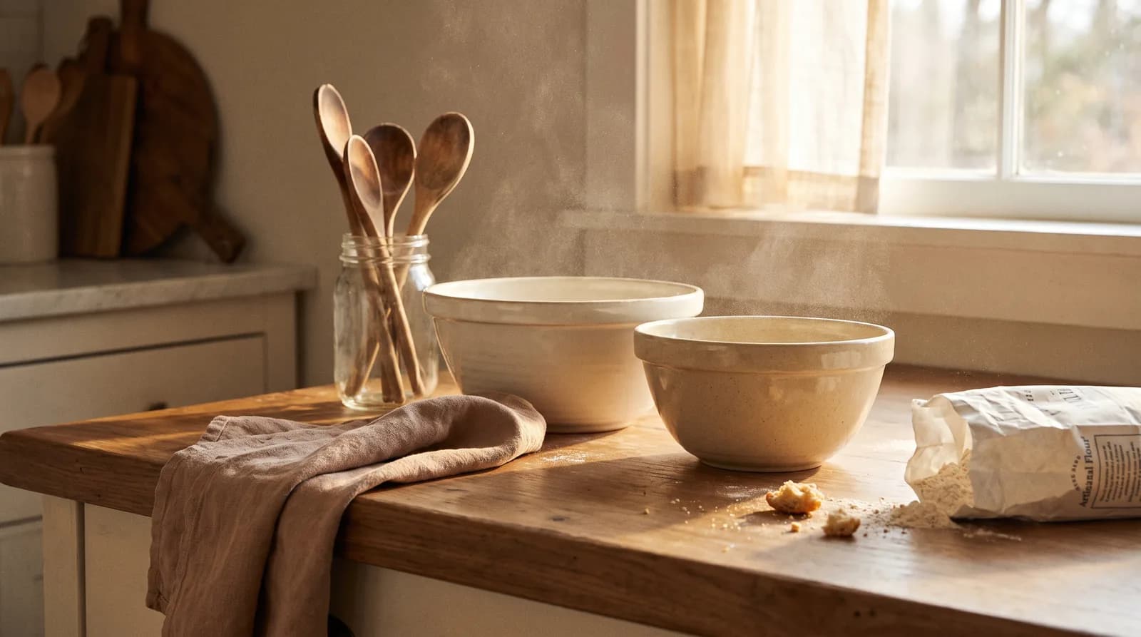 A home kitchen counter in early morning light with mixing bowls, wooden spoons and a bag of flour