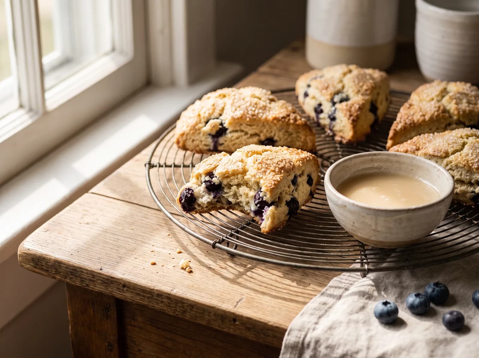 Lemon blueberry scones on a rack, one broken open