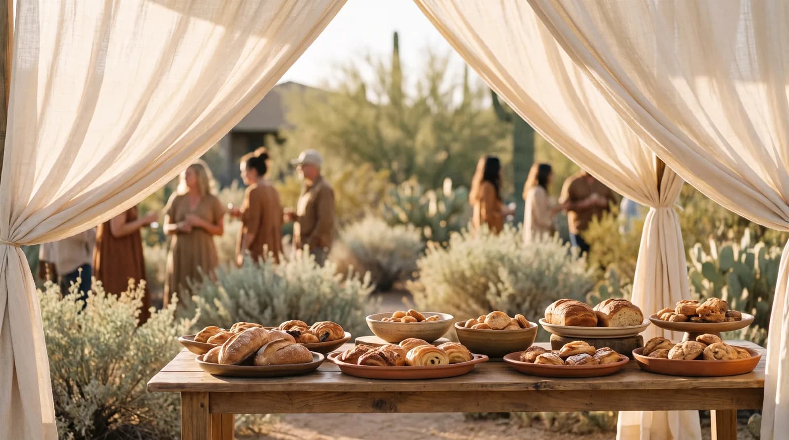 An outdoor table of homemade breads and pastries under a linen canopy, with people talking in a desert garden behind it