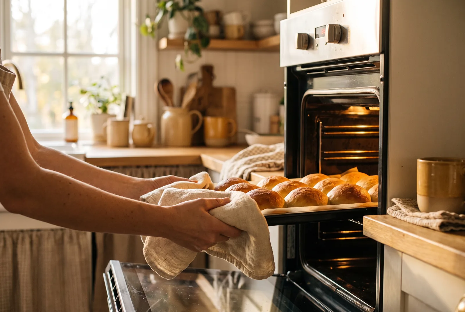 Hands sliding a tray of rolls into a home oven, warm light spilling out