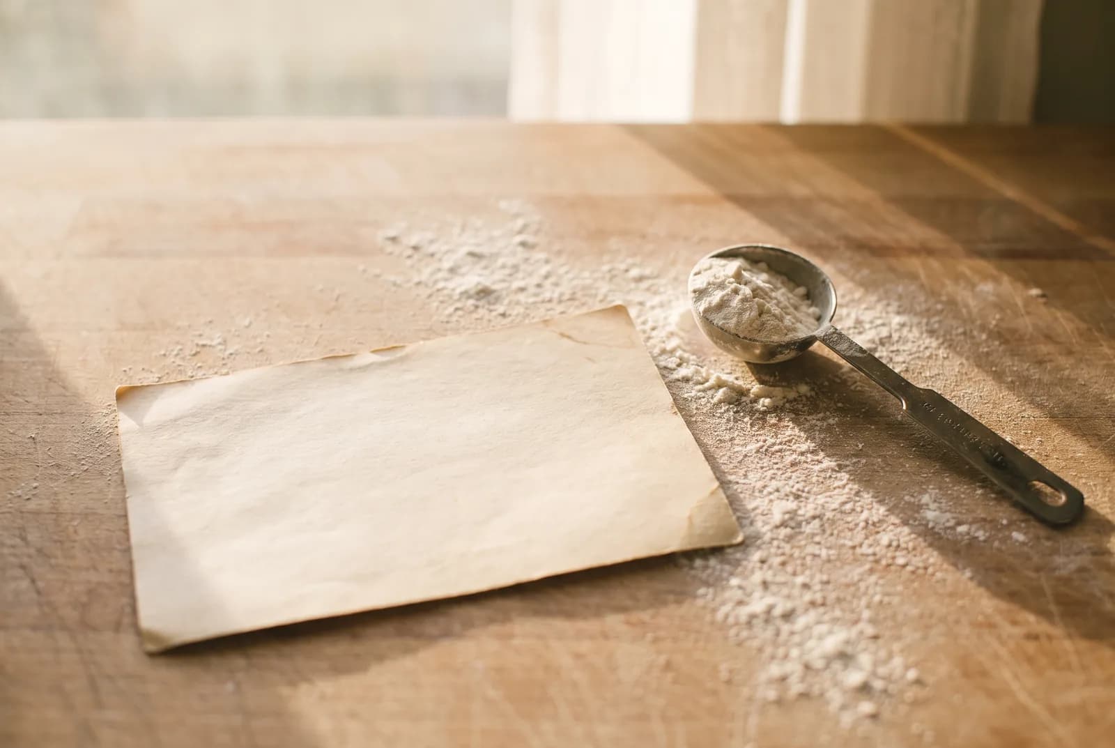 A blank aged recipe card on a floured wooden counter beside a measuring spoon