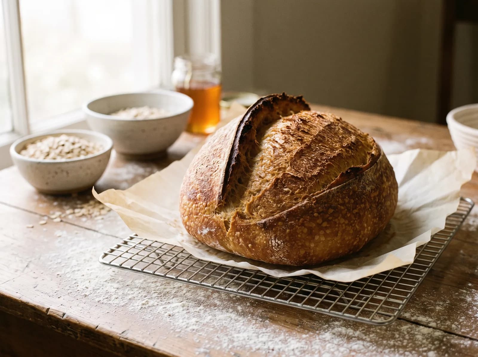 A scored sourdough boule cooling on a wire rack