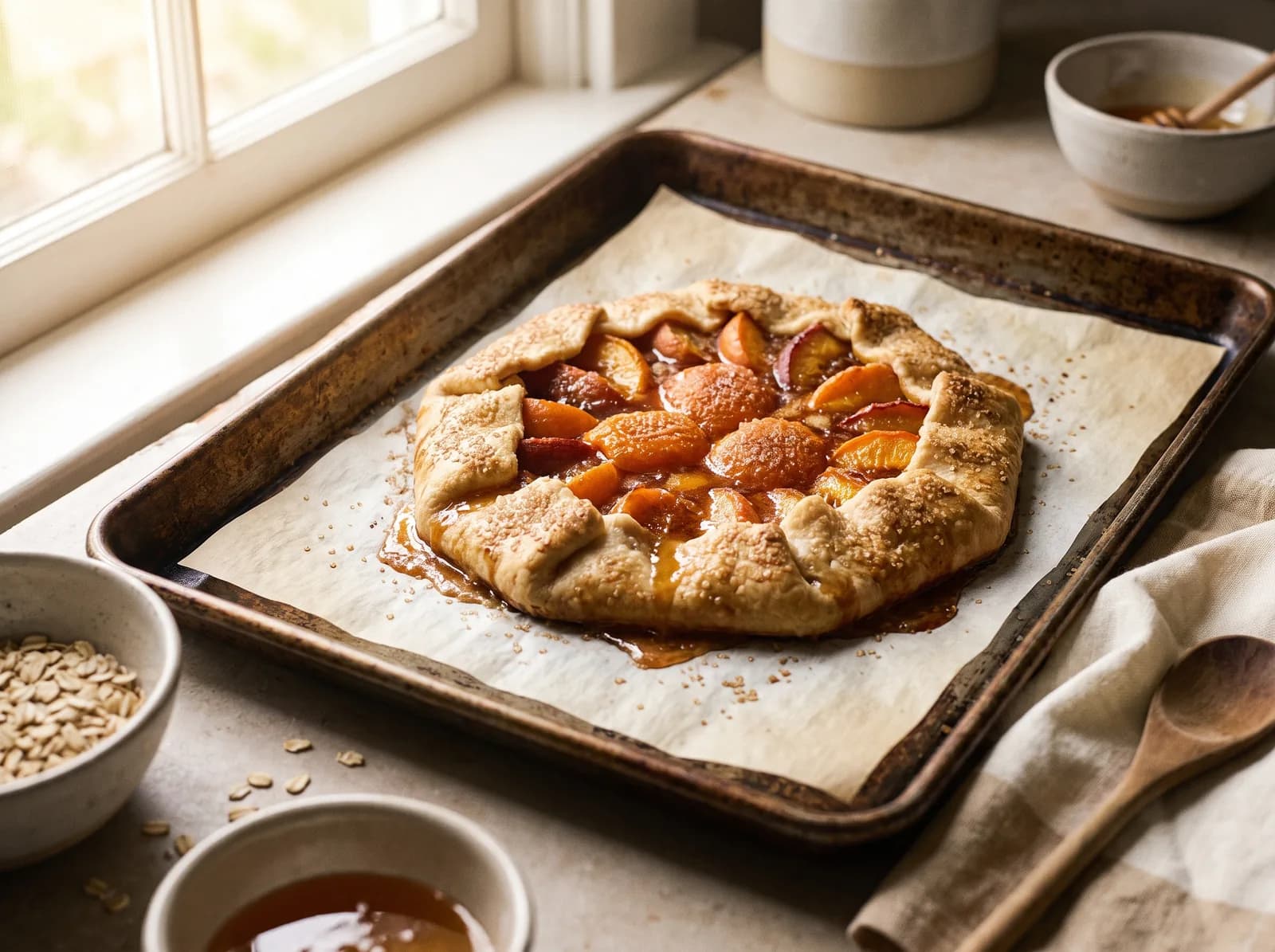 A rustic stone fruit galette with folded pastry edges
