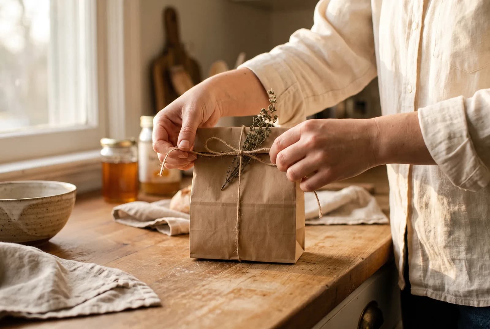 Hands tying twine around a plain brown paper bakery bag