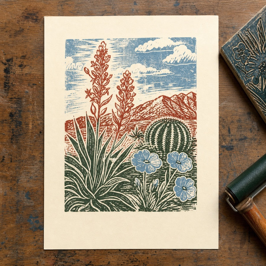 Desert bloom linocut